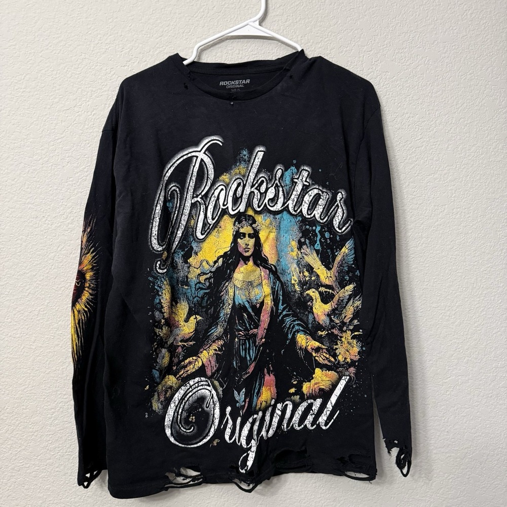 Rockstar Original Santorini Black Long Sleeve Distressed Shirt Men's Size XL